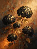 Hortensia in groepjes in zwartgoud, schilderij van hortensia aan de bosrand