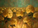 Hortensia in het landschap in goudoker, schilderij van hortensia