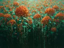Hortensia in het landschap in roestturkoois, schilderij van hortensia tegen de lucht