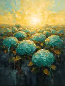Hortensia in het landschap in turkoois, schilderij van hortensia