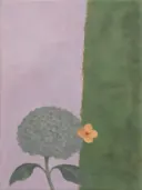 Schilderij van hortensia in lila en mosgroen, in vlakke kleurvlakken
