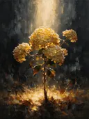 Hortensia in mosterd, schilderij van hortensia op de helling