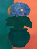 Schilderij van hortensia in petrol en koraal, in vlakke kleurvlakken