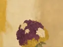 Schilderij van hortensia in pruim en mosterd, in vlakke kleurvlakken