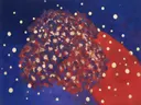Schilderij van hortensia in vermiljoen en indigo, in vlakke kleurvlakken