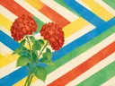 Schilderij van hortensia in vier heldere kleuren naast elkaar, in vlakke kleurvlakken