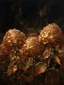 Hortensia onder de hemel in kopergloed, schilderij van hortensia van dichtbij