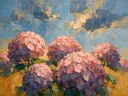 Hortensia onder de hemel in koraal, schilderij van hortensia van dichtbij