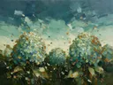 Hortensia onder de hemel in zeegroen, schilderij van hortensia van dichtbij