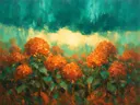 Hortensia onder een storm in roestturkoois, schilderij van hortensia tegen de lucht