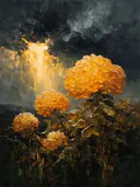 Hortensia onder een storm in saffraan, schilderij van hortensia onder een storm