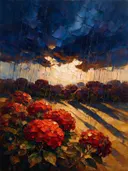 Hortensia onder een storm in vuur, schilderij van hortensia onder een storm