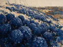 Hortensia op de helling in inktblauw, schilderij van hortensia op de helling