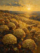 Hortensia op de helling in mosterd, schilderij van hortensia op de helling