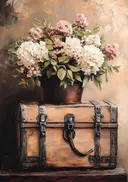 Schilderij van hortensia stilleven op een koffer