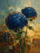 Hortensia tegen de lucht in diepblauw, schilderij van hortensia tegen de lucht