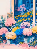 Botanisch schilderij van hortensia's in blauw interieur