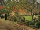 Hospital garden in Edam van Max Liebermann: landschap met tuin, huizen, pad en bomen, in groen en rood