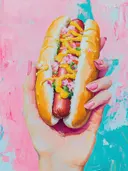 Schilderij van een hand die een hotdog met mosterd vasthoudt.