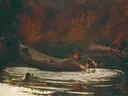Hound and Hunter van Winslow Homer: figuren met kano, jager, hond en water, in donkerrood en blauwgroen