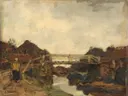 Houten brug over een vaart bij Rijswijk van Jacob Maris: landschap met brug, vaart, huizen en water, in warm bruin en grijs