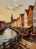 Houten gevels aan het water in paletmes, schilderij