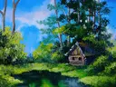 Schilderij van een houten hut aan een bosmeer