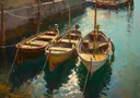 Schilderij van drie houten roeiboten afgemeerd in een haven met turquoise water