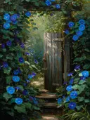 Houten tuinpoort met blauwe windebloemen en bospad, olieverfschilderij