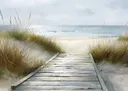 Schilderij van een houten vlonder tussen duingras naar het strand