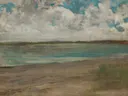 Howth Head, near Dublin (1900) y538 van James McNeill Whistler: zee met kust, zee, strand en wolken, in gedempt blauw en zand