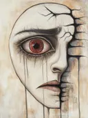 Close-up surrealistisch schilderij van een gezicht met rood oog en zwarte tranen dat overgaat in een gebarsten stenen muur