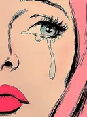 Pop-art close-up van een huilend oog met een traan