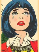 Pop-art portret van een huilende vrouw met blauw haar in stripboekstijl