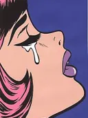 Pop-art profielportret van een huilende vrouw met paarse lippen op blauwe achtergrond