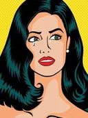 Pop-art portret van een huilende vrouw met donker haar op gele achtergrond