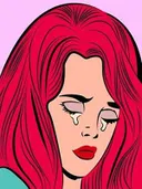 Pop-art portret van een huilende vrouw met rood haar op roze achtergrond