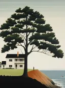 Minimalistisch landschap met wit huis, grote boom en een man op een rode klif aan het water.