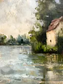 Schilderij van een huisje aan een rivieroever tussen bomen.