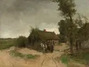 Huisje aan de zandweg van Anton Mauve: landschap met huisje, zandweg, bomen en boerderij, in gedempt groen en grijs