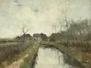Huisje aan een sloot van Anton Mauve: landschap met huisje, sloot, bomen en winter, in gedempt grijsgroen