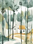 Landschap met een klein huisje tussen bomen in het bos