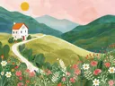 Illustratie van een huisje op een bloemrijke heuvel bij zonsondergang, kinderkamer schilderij