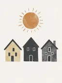 Schilderij met huisjes en zon in blokprintstijl