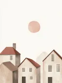 Illustratie van huisjes silhouetten onder een zachte zon