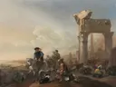 Hunters Near Ruins van Jan Weenix: landschap met jagers, honden, ruïne en paarden, in gedempt beige en grijs