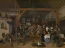 Huwelijksfeest van Jan Steen: figuren met herberg, feest, muziek en kinderen, in gedempt bruin en grijs