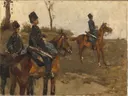Huzaren van George Hendrik Breitner: figuren met huzaren, paarden, soldaten en uniform, in warm bruin en blauw