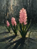 Hyacint aan de bosrand in groenroze, schilderij van hyacint aan de bosrand