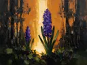 Hyacint aan de bosrand in paarsoranje, schilderij van hyacint tegen de lucht